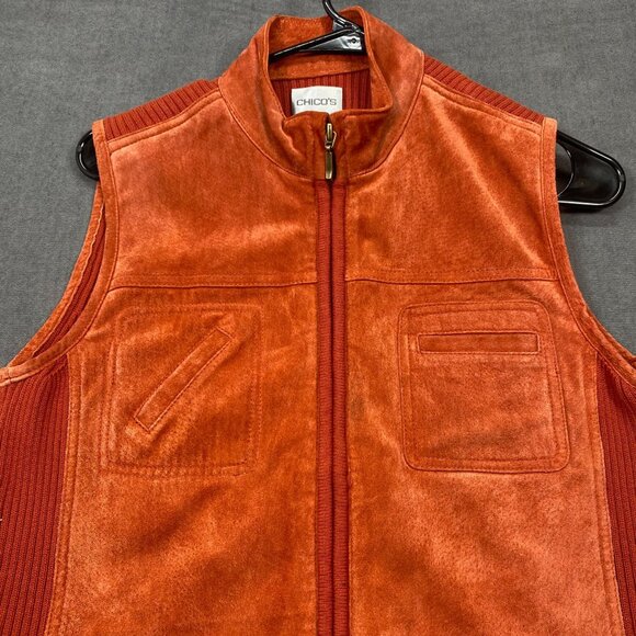 Chicos Womens Suede & Knit Rust Orange Sleeveless Vest With Gold Zipper Size 1 - Picture 2 of 12